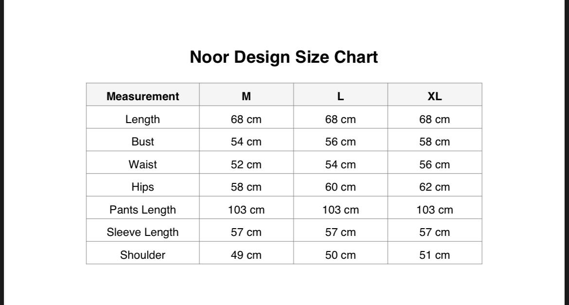 جدول المقاسات