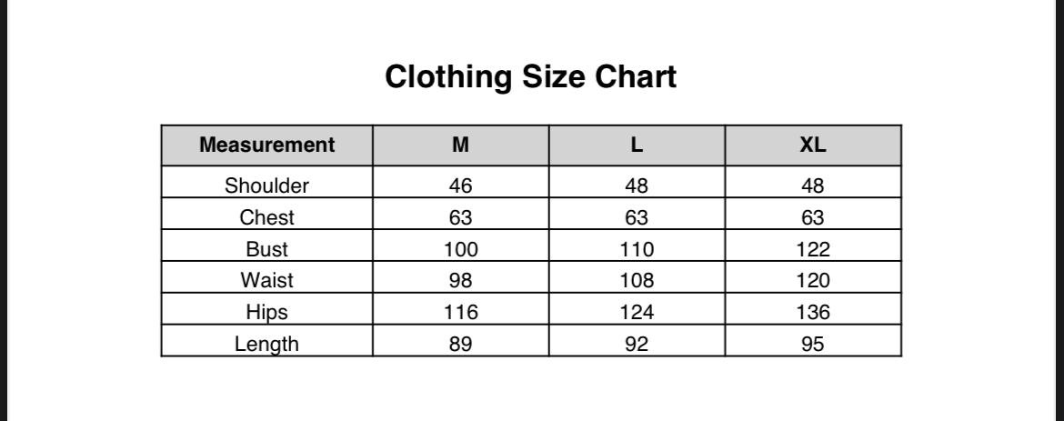 جدول المقاسات